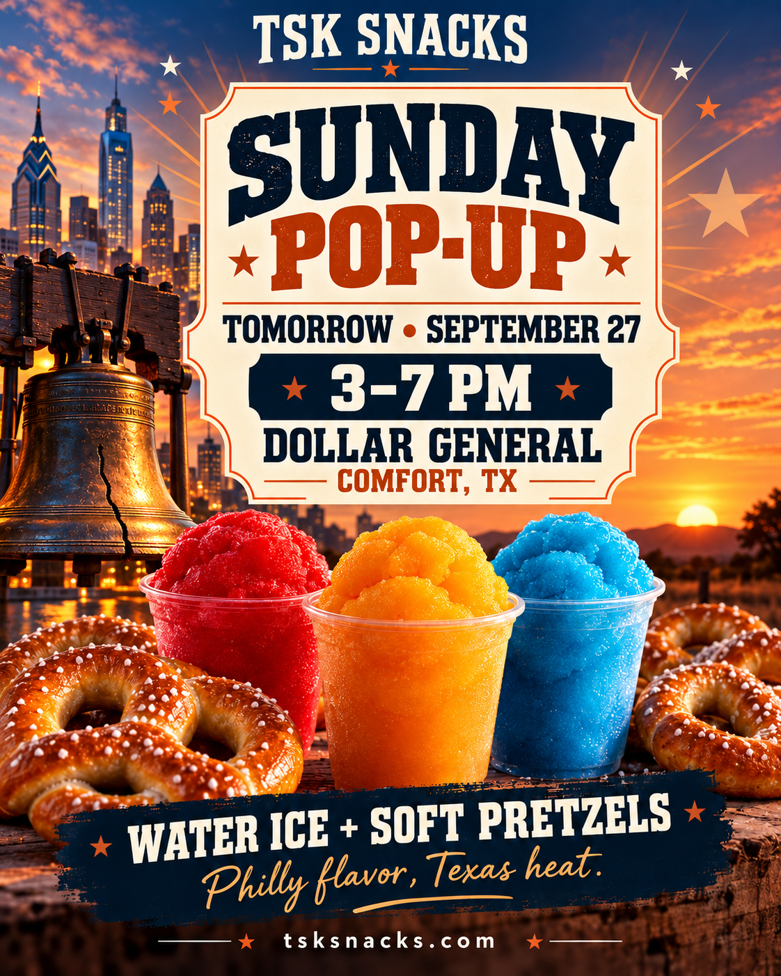 Archived flyer for the TSK Snacks pop-up on September 27, 2026, from 3 to 7 PM at Dollar General in Comfort, Texas. Water ice and soft pretzels.